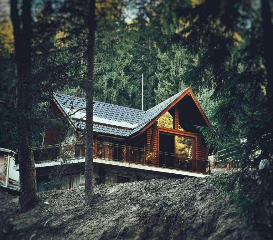 a log cabin with a deck in the woods at CHALET ELEVEN in Dospat