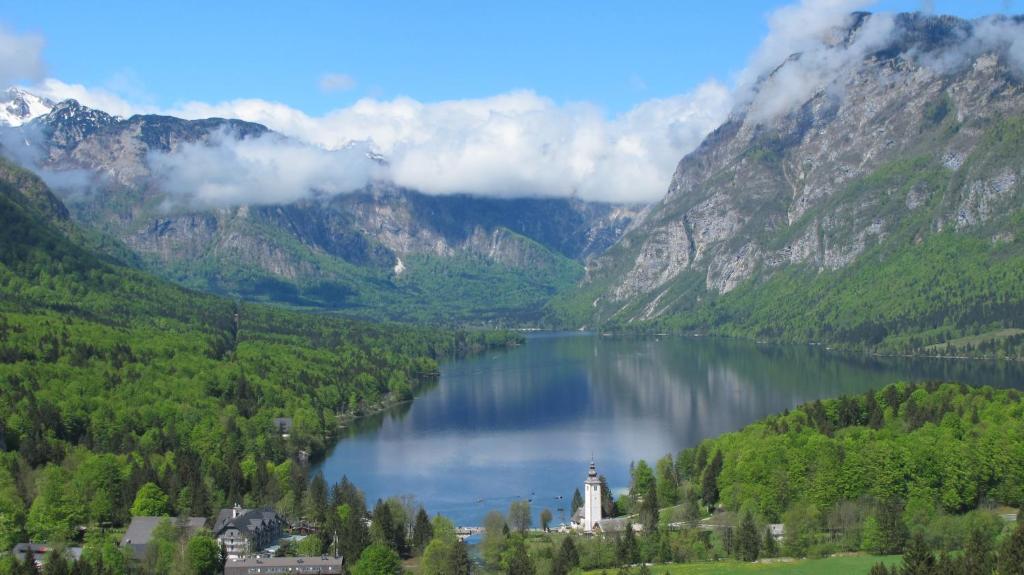 a view of a lake with a castle in the middle at Apartment Zalokar in Bohinj