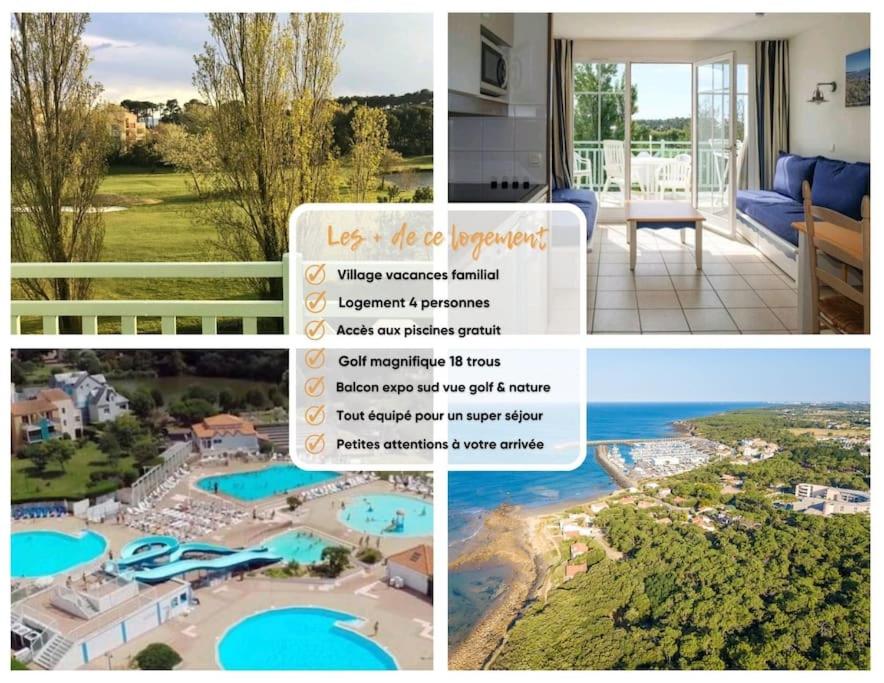 een collage van foto's van een resort bij "L'ÉVASION Ô SOLEIL" Appartement 4 personnes, vue dégagée sur le golf, accès parc aquatique gratuit in Talmont
