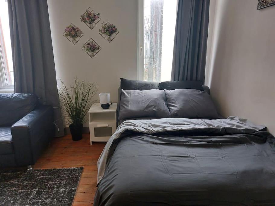 a bedroom with a bed and a couch and windows at Cosy Studio in Brussels