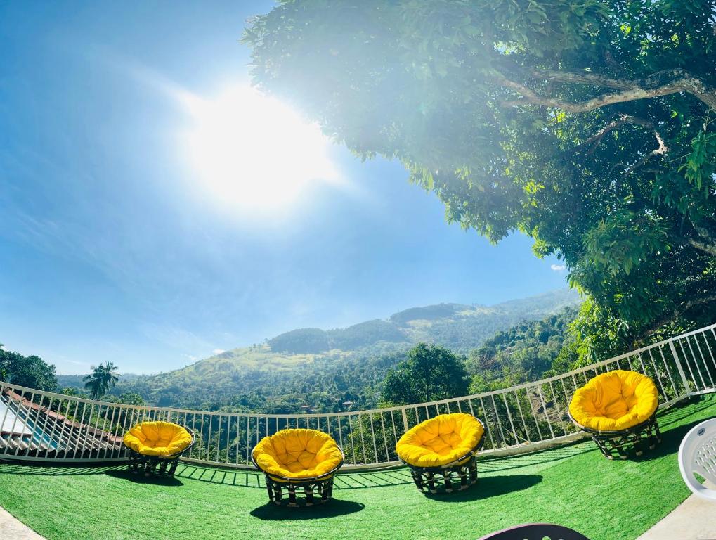 的住宿－Mandaramnuwara Mandarama，绿地上一组带黄色垫子的椅子