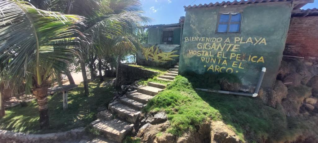 un panneau devant un bâtiment planté de palmiers dans l'établissement Hostal Pelican, à El Gigante