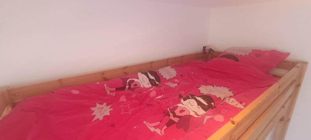a bed with a pink blanket on top of it at Spacieux appartement au pied des pistes in La Féclaz