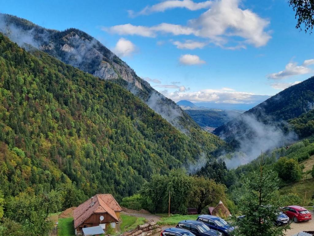 un grupo de coches estacionados frente a una montaña en Mosorel, en Măgura