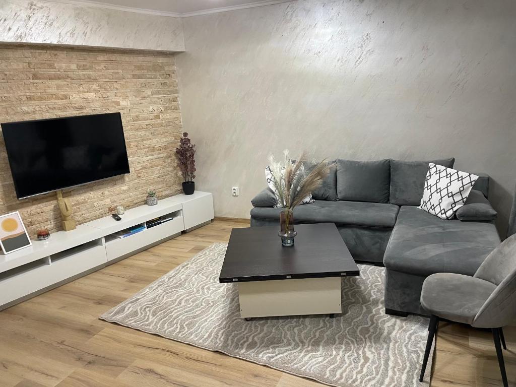 a living room with a couch and a tv at Pretty Luxury Apartament's in Cluj-Napoca