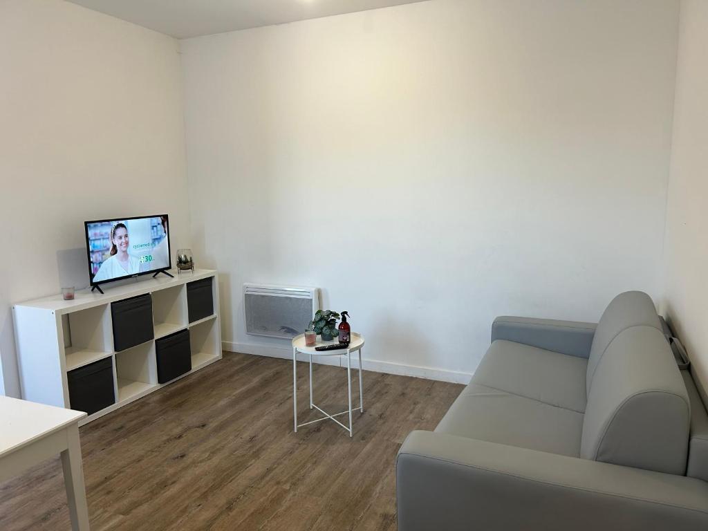 a living room with a couch and a tv at superbe studio meublé avec parking in Maubeuge