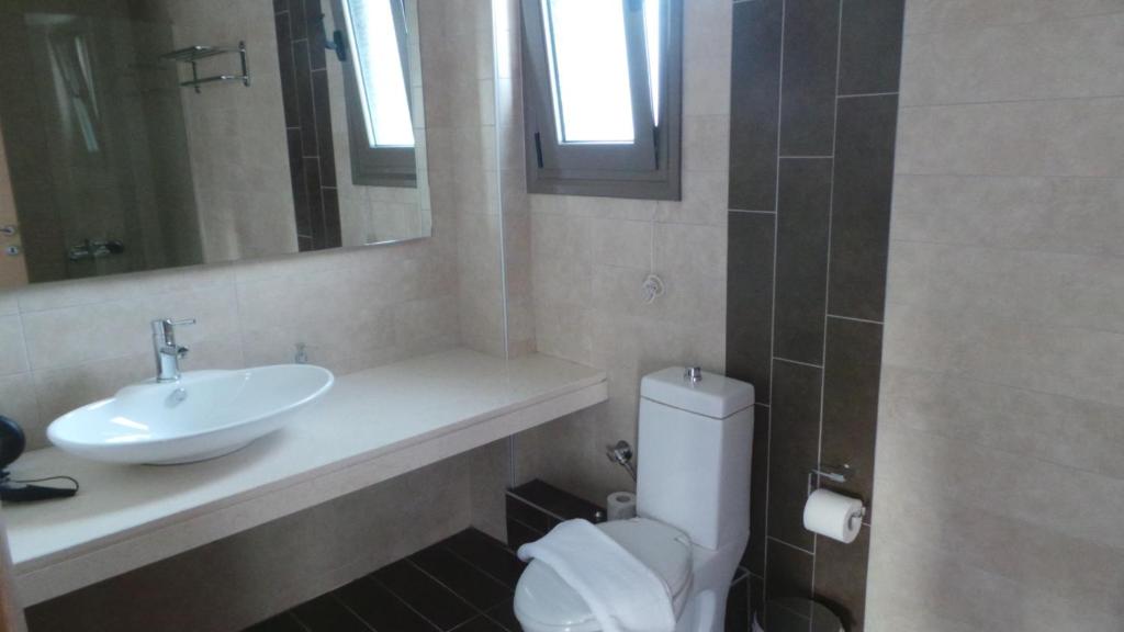 a bathroom with a sink and a toilet and a mirror at Niovi Boutique Apartments in Afitos