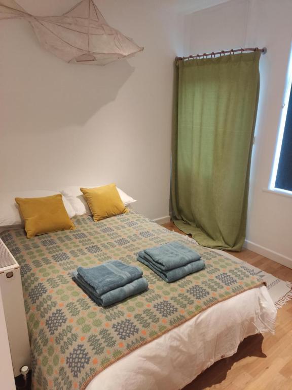 a bedroom with a bed with blue pillows on it at Garden Room in Cardigan