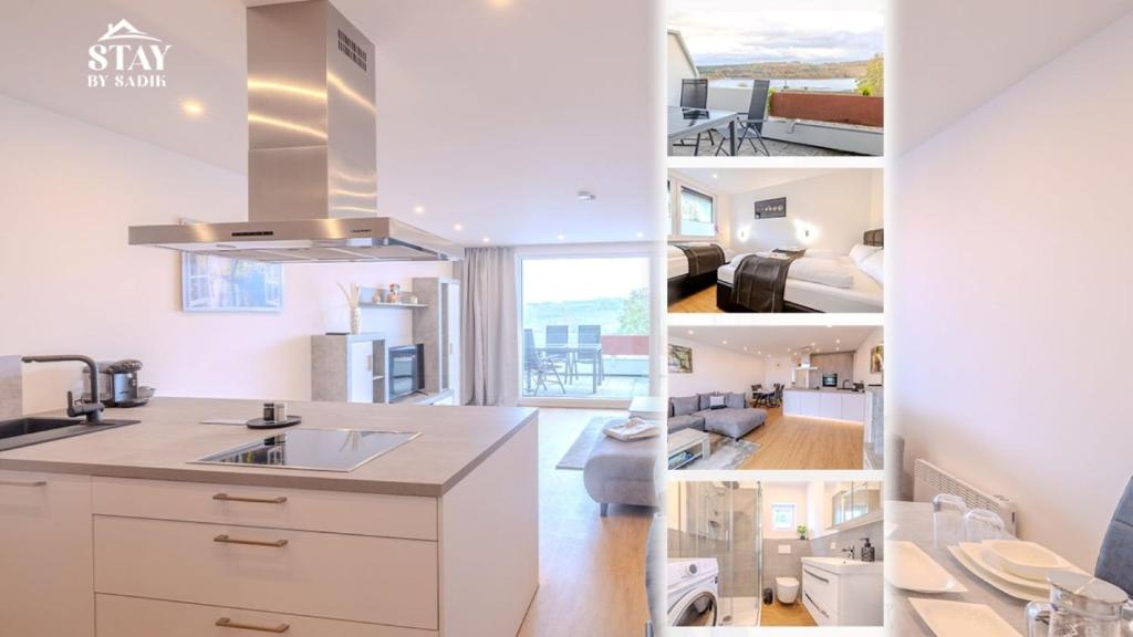 a collage of photos of a kitchen and a living room at Premium Zuhause - Seeblick, Balkon & Seepromenade in Langscheid