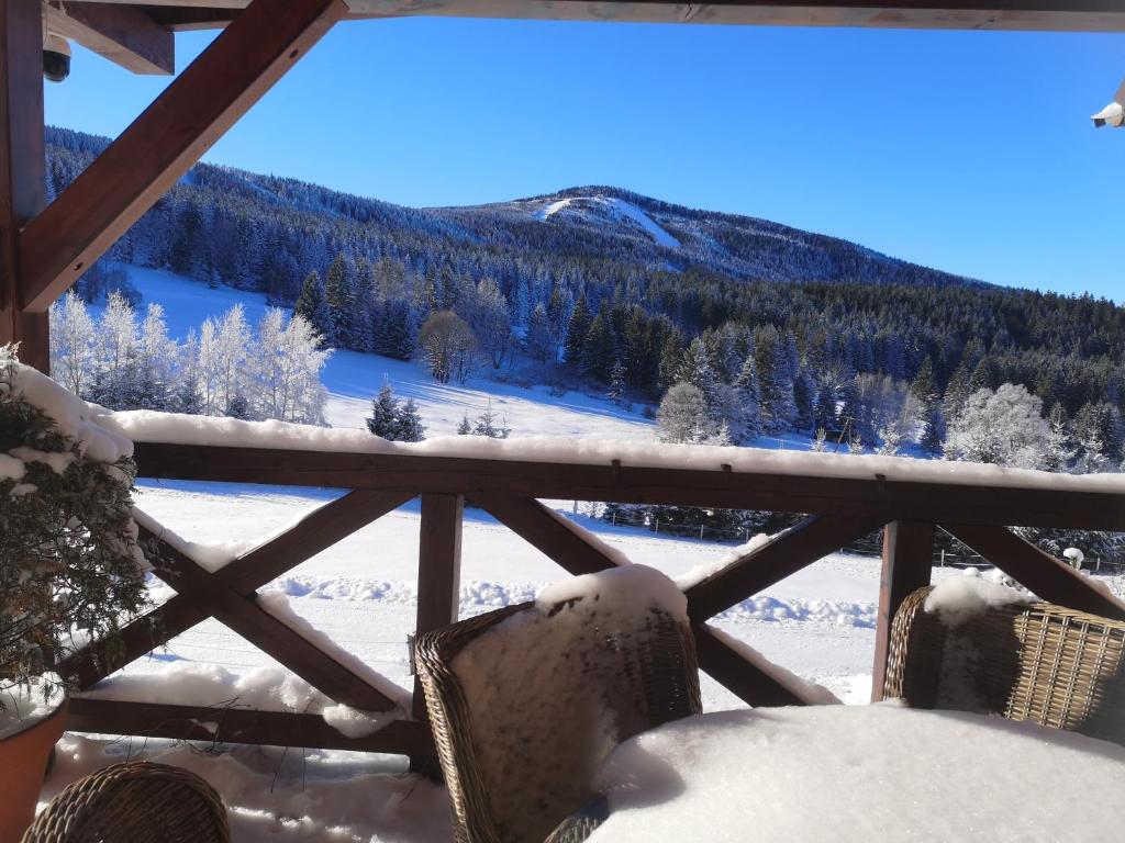 a room with a view of a snow covered mountain at Wichrowe Wzgorze in Stronie Śląskie