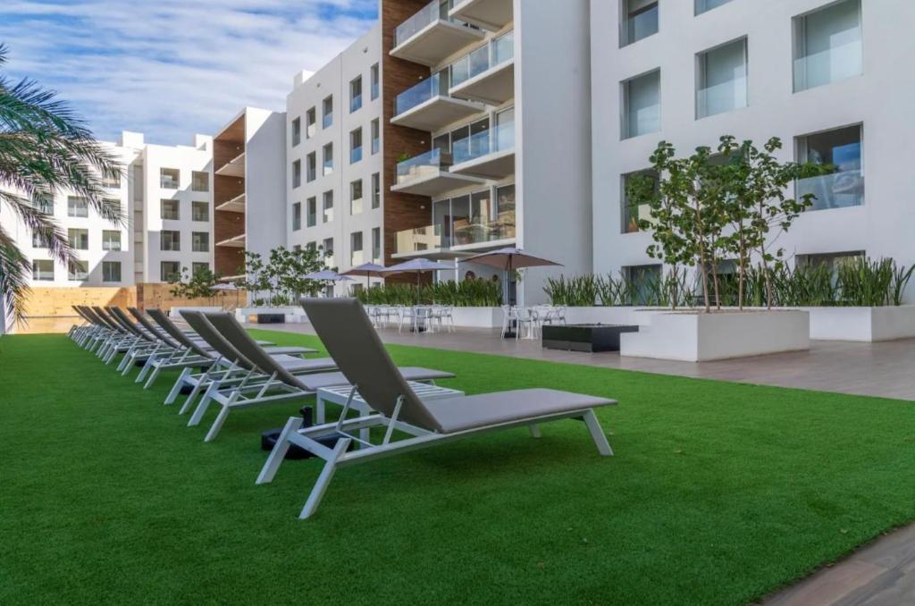 a row of lounge chairs on a lawn in front of a building at Lumina at Marea Cabo San Lucas in Cabo San Lucas