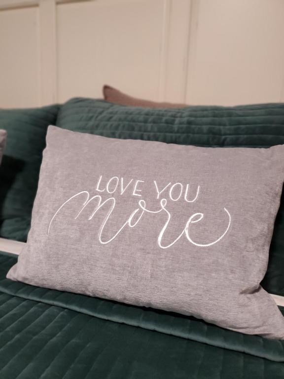 Una almohada que dice te amo más en un sofá en Tara condo en San Antonio