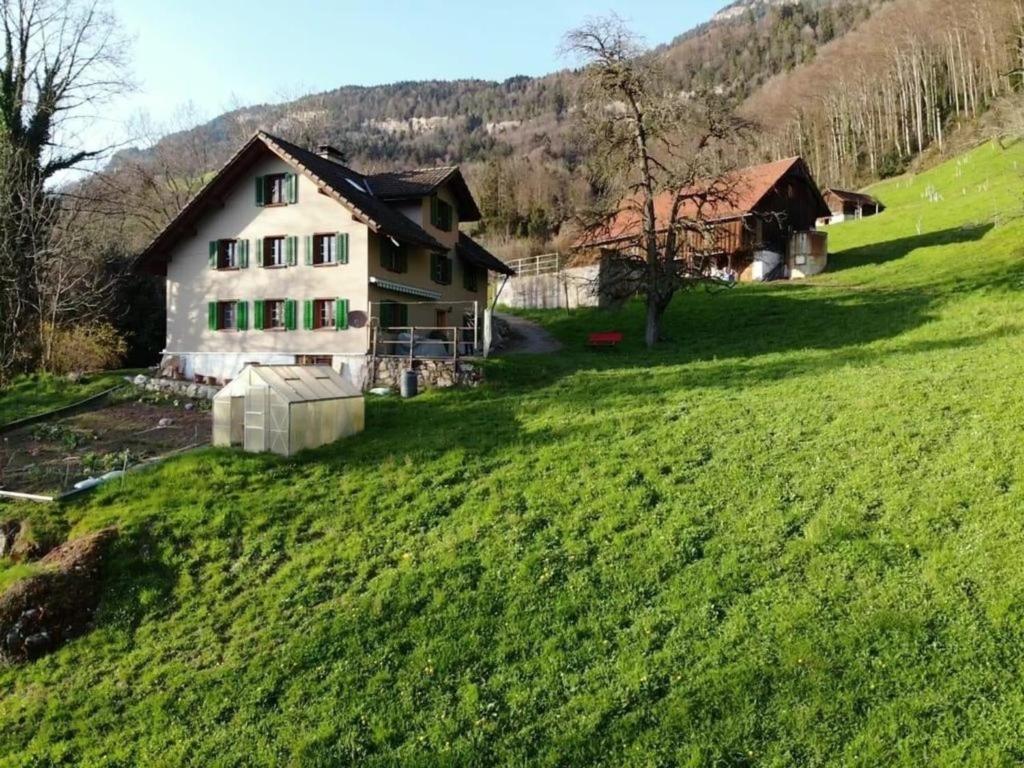 une maison sur une colline avec un champ vert dans l'établissement Thal - b48769, à Vitznau