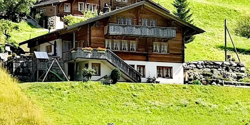 une grande maison en bois sur une colline herbeuse dans l'établissement Neu eingerichtete Ferienwohnung im Haslital - b48815, à Innertkirchen