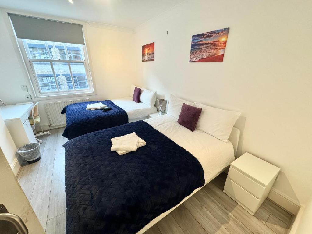 倫敦的住宿－Downtown Chic Private Bedrooms in King's Cross 4，一间卧室设有两张床和窗户。