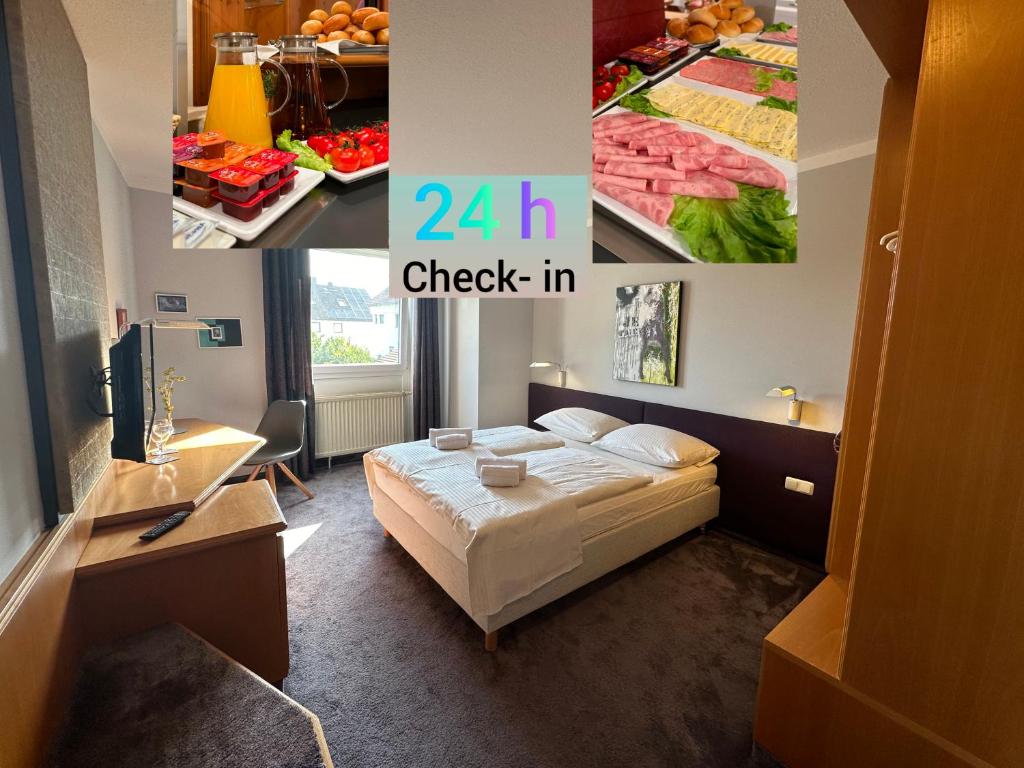 1 dormitorio con 1 cama en una habitación con frutas y verduras en Hotel Lachnerhof, en Erlangen