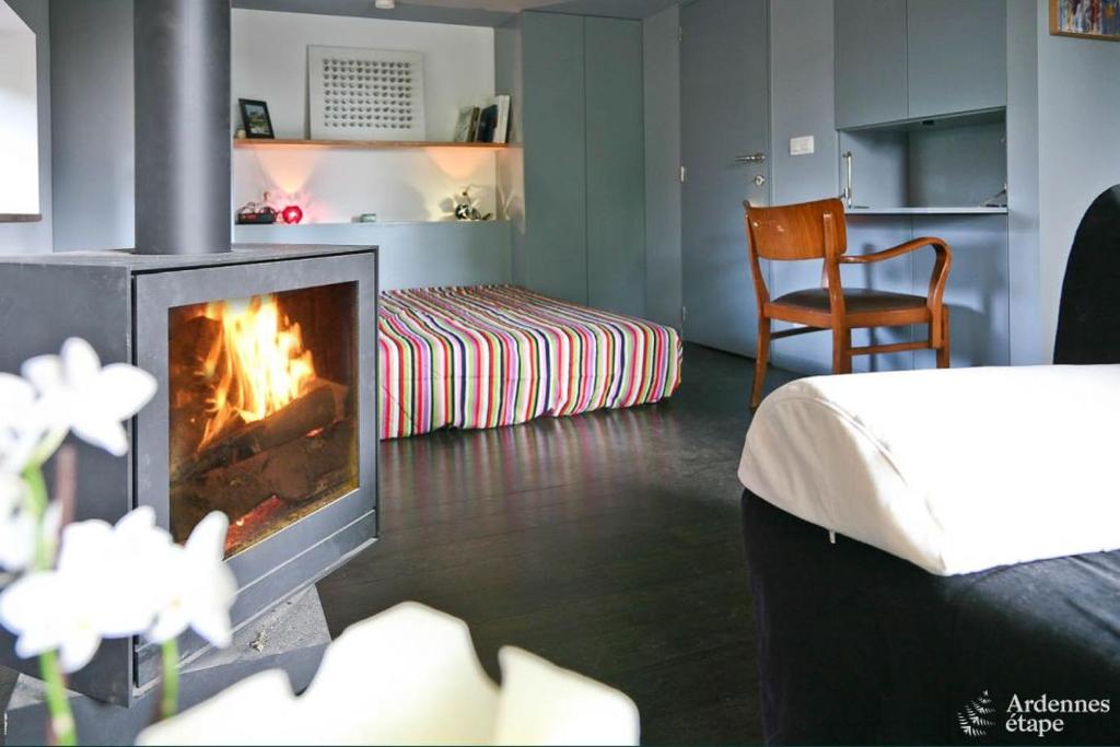 een woonkamer met een open haard en een bed bij Les Braises de la Semois in Florenville