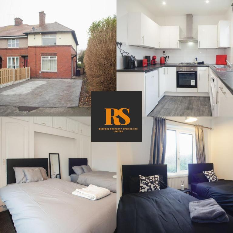a collage of photos of a kitchen and a bedroom at Central Location Modern Furnishing Families and Contractors in Sheffield