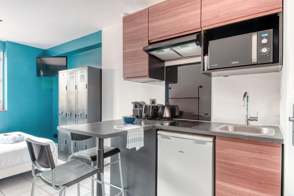 eine Küche mit einer Spüle und einer Arbeitsplatte in der Unterkunft Atelier-Gerland in Lyon