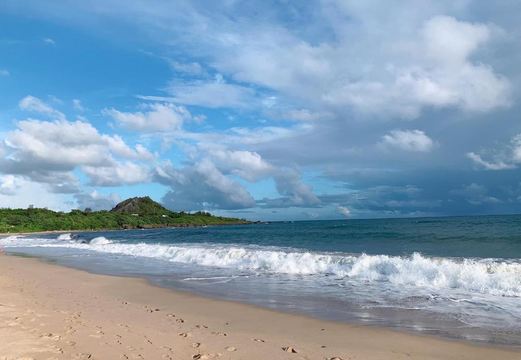 a beach with the ocean and a mountain in the background at Golden Ocean Azure Hotel in Kenting