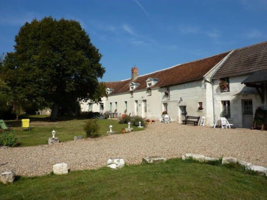 a large white house with a gravel yard in front of it at Maison dans belle longère - La Serrerie in Thenay