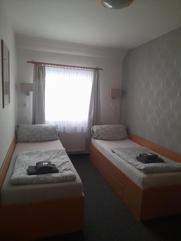 two beds in a room with a window at Penzion V Maštali in Kněževes