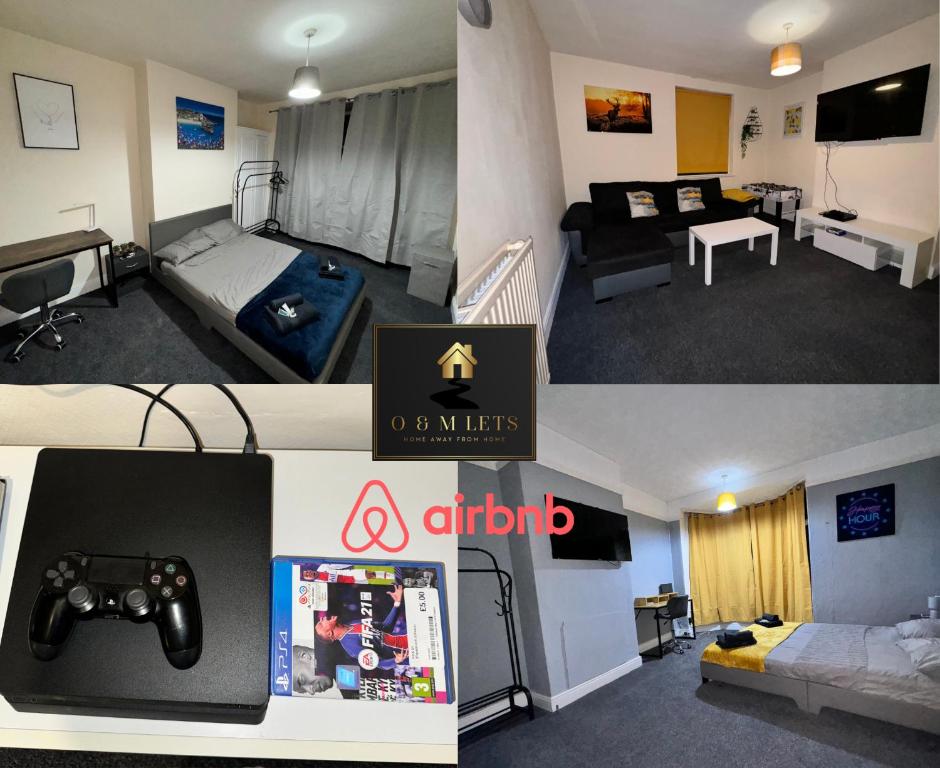 deux photos d'une chambre avec un système de jeux vidéo dans l'établissement Students Contractors Professionals, à Leicester