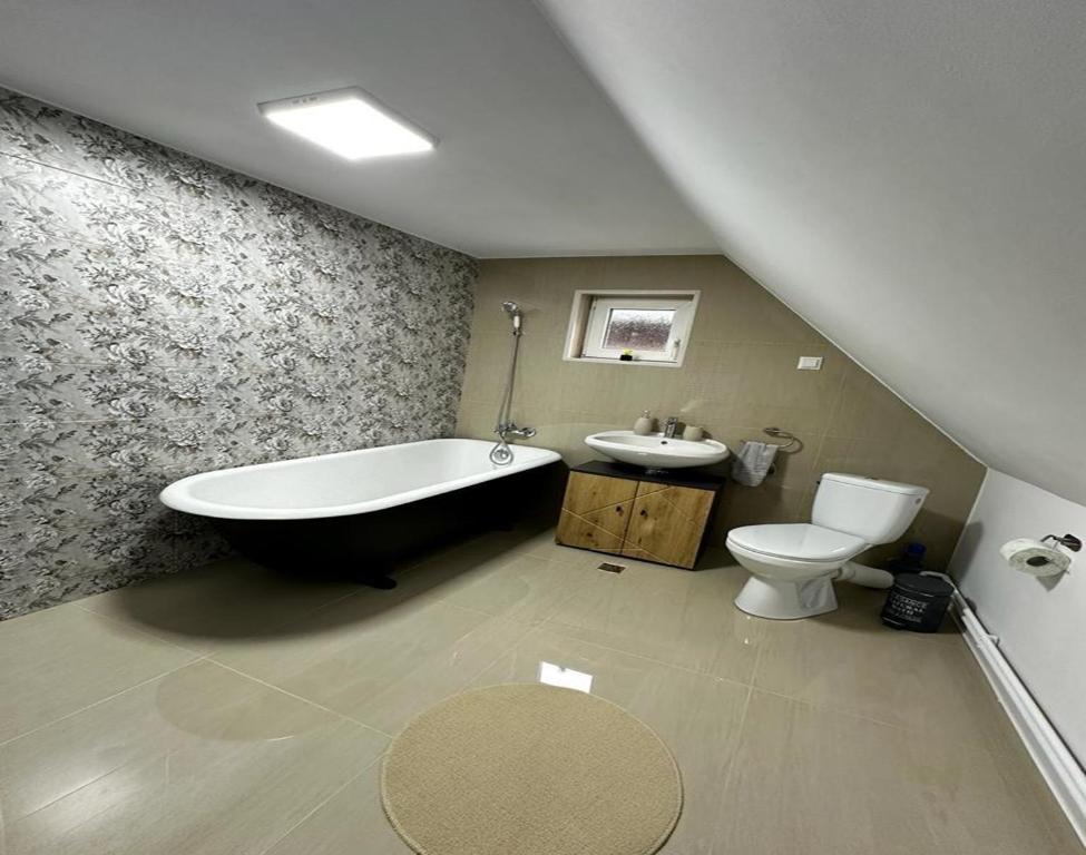 La salle de bains est pourvue d'une baignoire, de toilettes et d'un lavabo. dans l'établissement Wood House Valiug, à Văliug