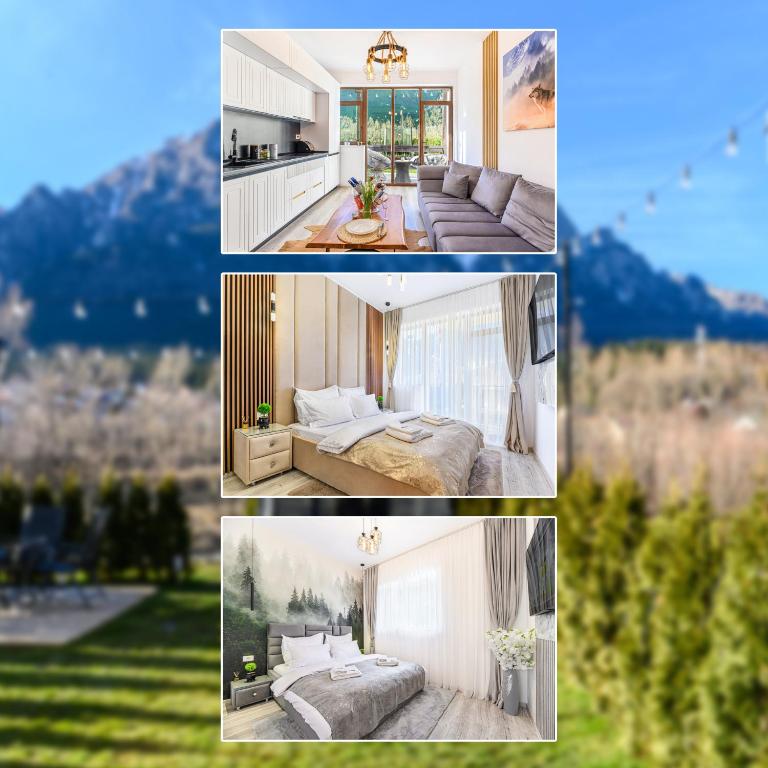 a collage of four pictures of a room at Ama Garden Apartment Busteni in Buşteni