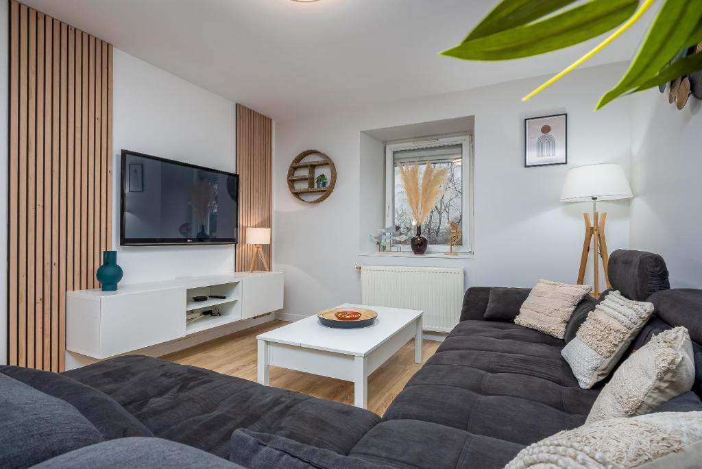 ein Wohnzimmer mit einem Sofa und einem TV in der Unterkunft Le 39-GregIMMO-Appart'Hôtel 