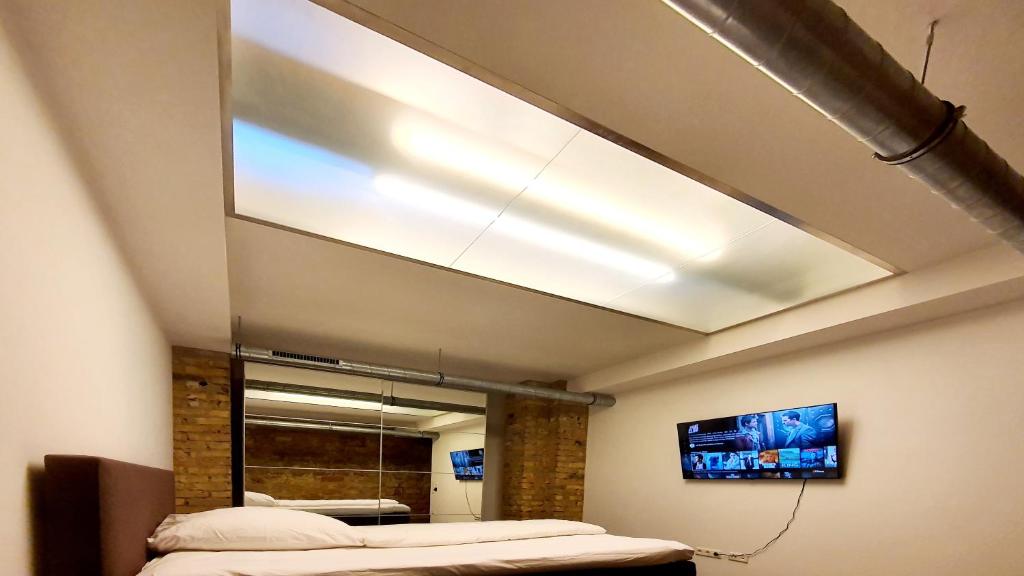 曼海姆的住宿－1-Zimmer-Wohnung im Loft，客房设有两张床和天花板上的电视。