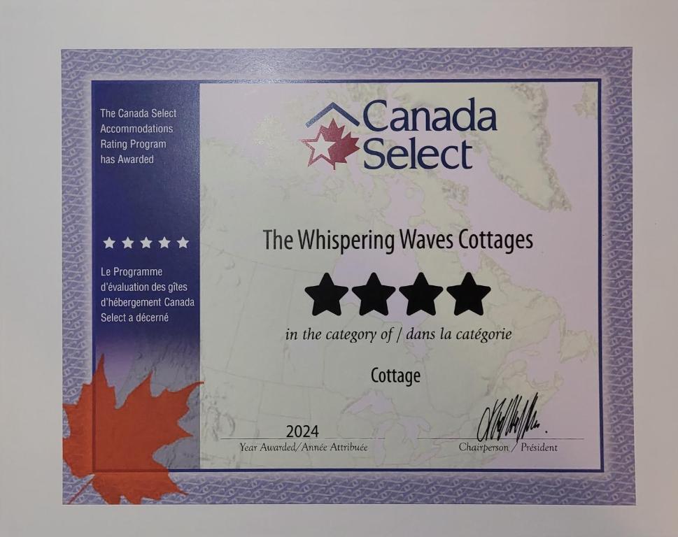 Certifikát, hodnocení, plakát nebo jiný dokument vystavený v ubytování Whispering Waves Cottages