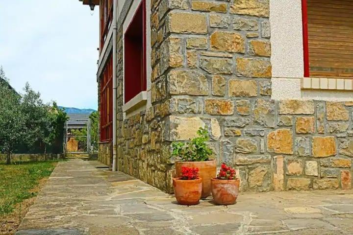 アインサにあるL'arome de Ainsaの石造りの建物の前に座る鉢植え2本