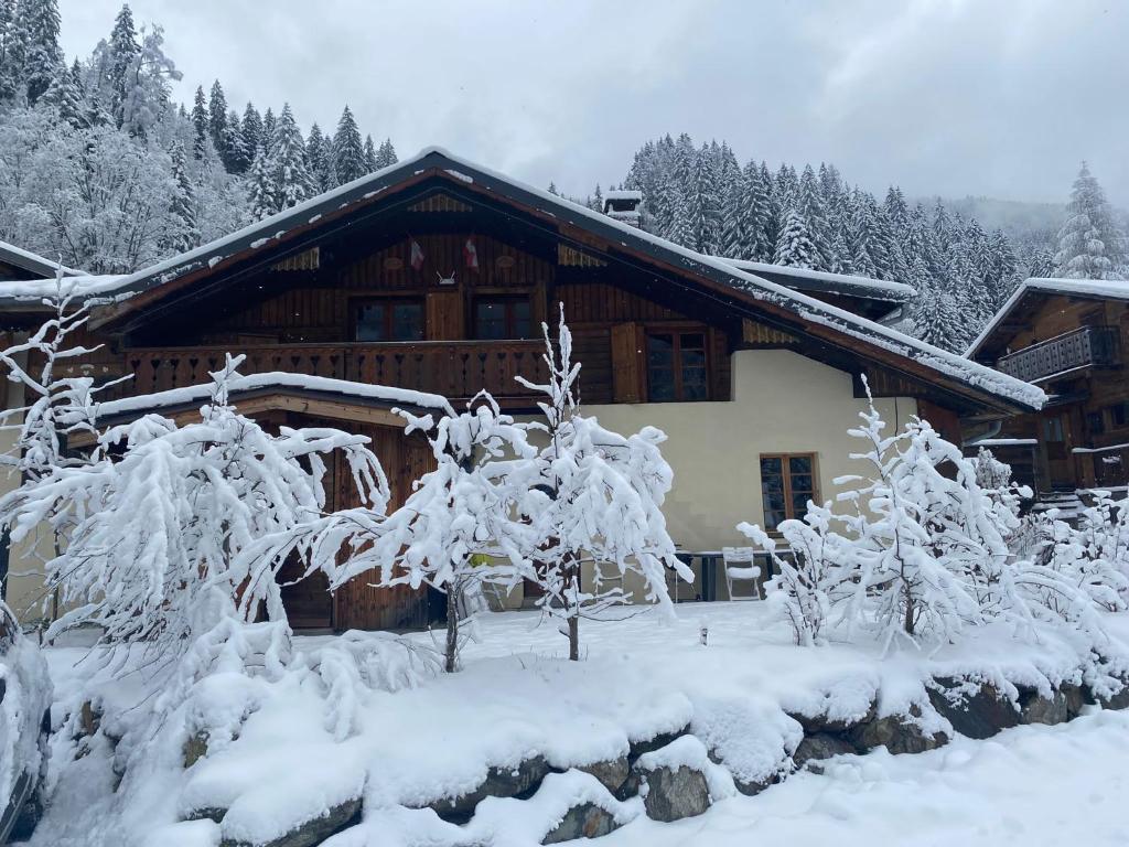 una casa con árboles nevados delante de ella en Joyeux Flocon - Spacieux chalet en Les Contamines-Montjoie