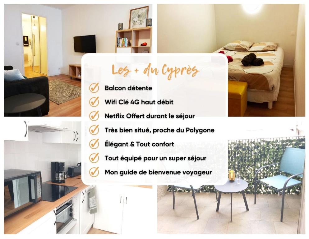 a room with a bed and a room with a sign at Le Cyprès - Appartement idéal pour vos vacances ou vos déplacements professionnels à Béziers in Béziers