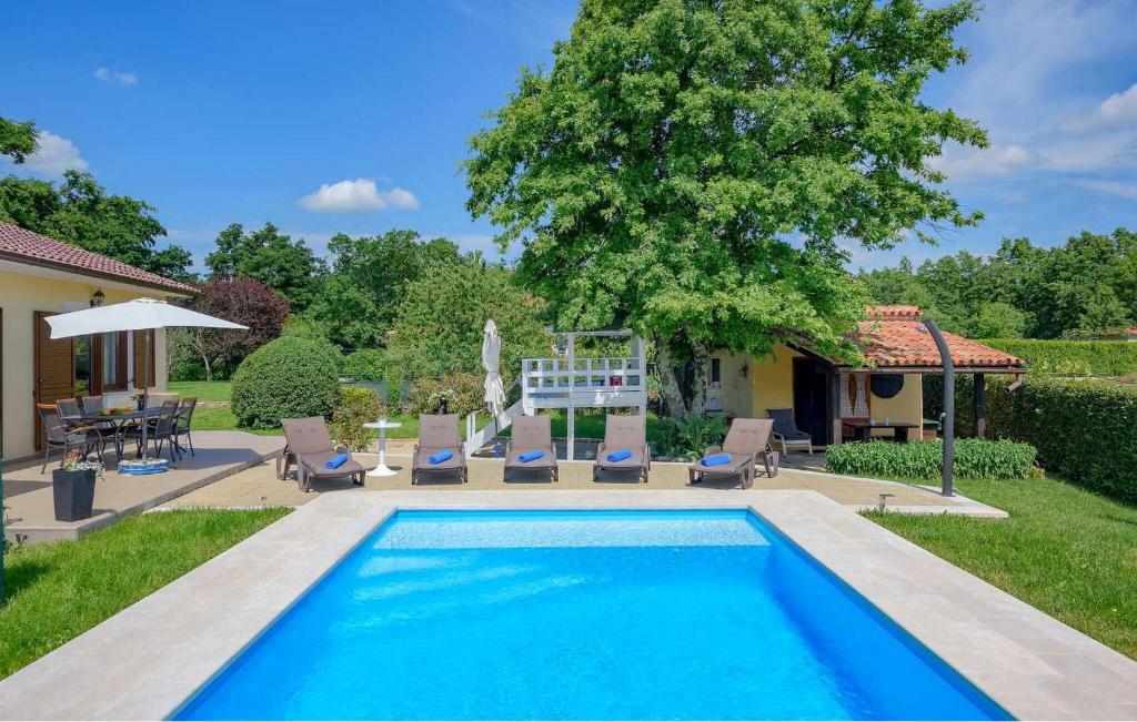 uma piscina num quintal com cadeiras e uma árvore em Haus Nono em Sveti Petar u Šumi