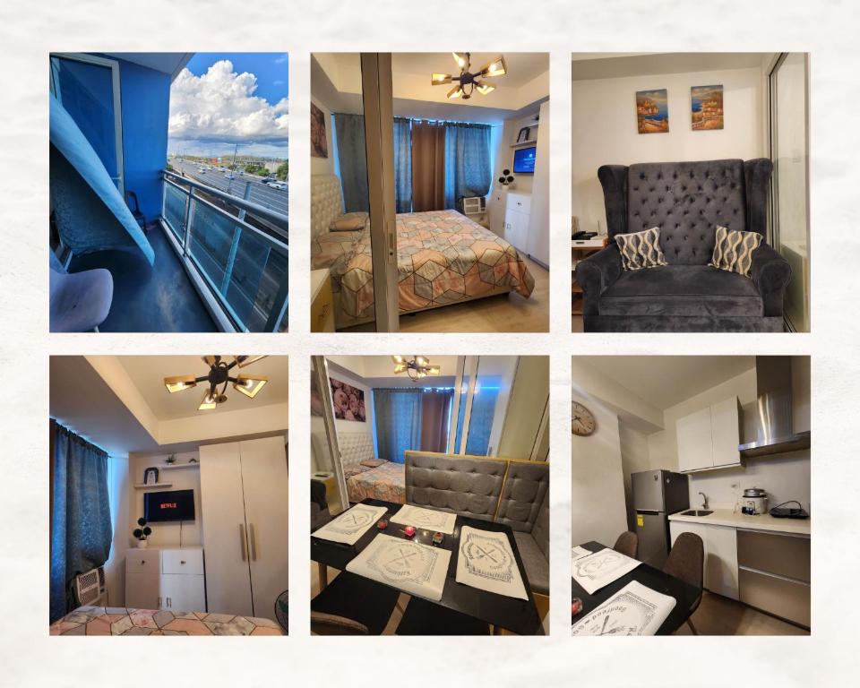 a collage of four pictures of a hotel room at Azure Staycation in Manila