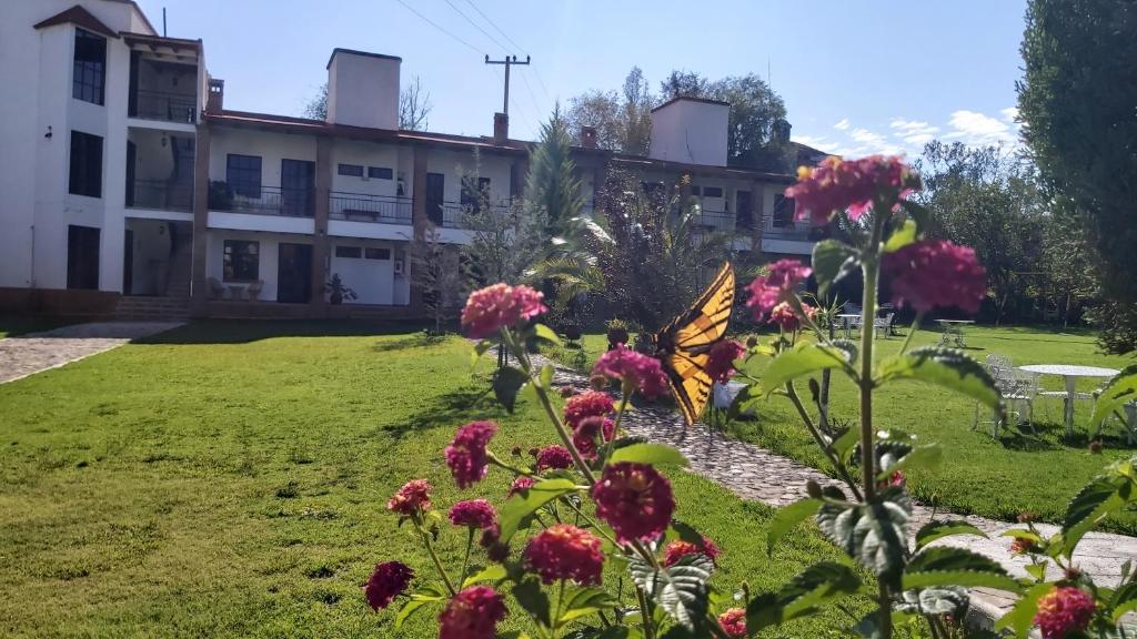 einen Garten mit Blumen und einem Schmetterling vor einem Gebäude in der Unterkunft Hotel Finca Las Bovedas in San Miguel Regla
