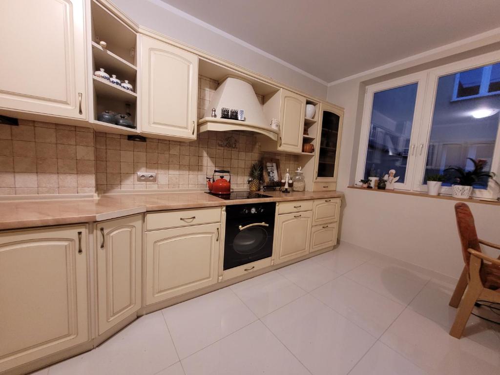 a kitchen with white cabinets and a dishwasher at Apartament u podnóża Gór Stołowych in Radków
