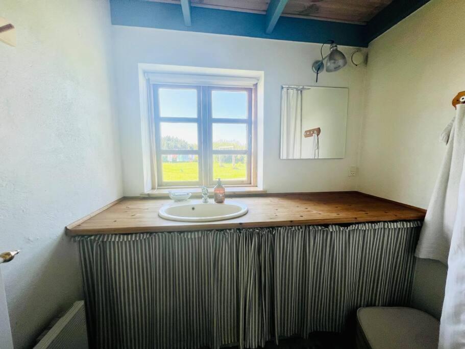 een badkamer met een wastafel en een raam bij Mormors Gårdhus ved stranden in Rude