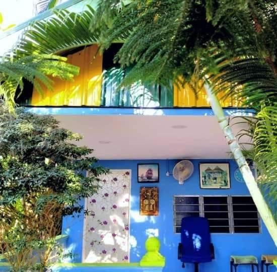 a blue house with a palm tree in front of it at Kubang Sepat HomeStay in Ayer Hitam