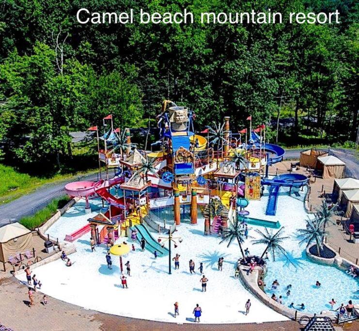 un complejo de montaña de playa de carnaval con un parque acuático en Entire cottage, Firepit, BBQ, in & out pool access en Long Pond