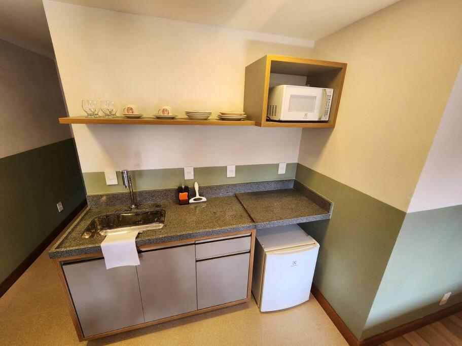 uma pequena cozinha com um lavatório e um micro-ondas em Apartamentos da Rota em Domingos Martins