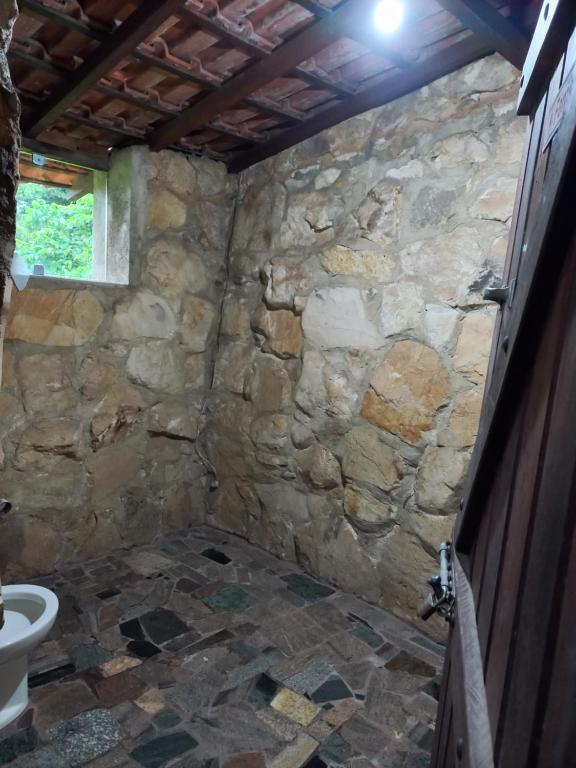 a bathroom with a stone wall and a toilet at Pousada Espaço Cosmos in Águas da Prata