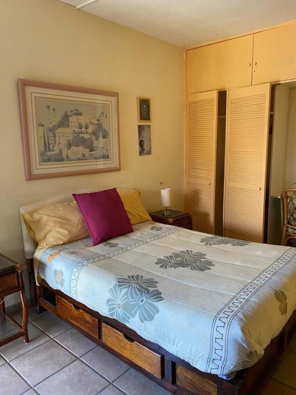 ein Schlafzimmer mit einem Bett mit einem Bild an der Wand in der Unterkunft Quinta Ángeles in Cuernavaca