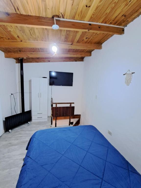 a bedroom with a blue bed and a tv at La Guanaca in Perito Moreno