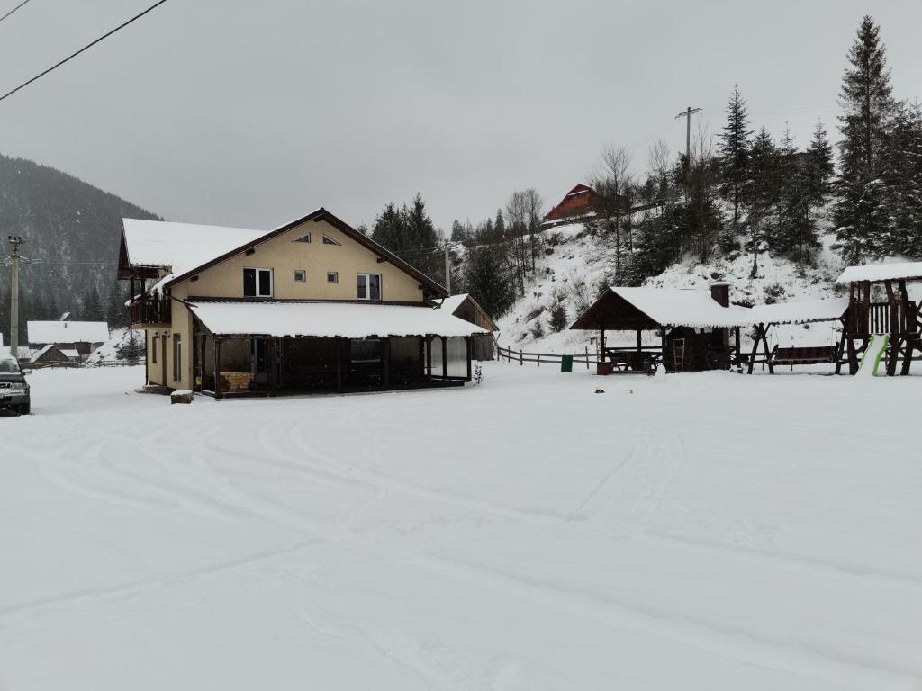 un aparcamiento cubierto de nieve frente a una casa en Cabana Georgiana en Arieşeni