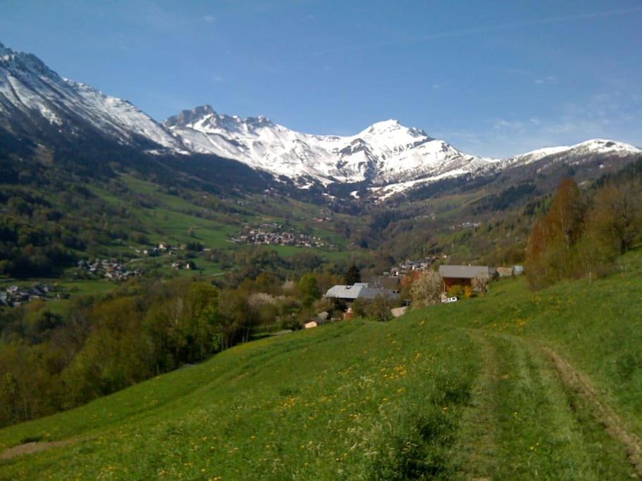 une colline verdoyante avec des montagnes enneigées en arrière-plan dans l'établissement Chalet montagne Savoie Domaine Skiable Valmorel, à La Lechere