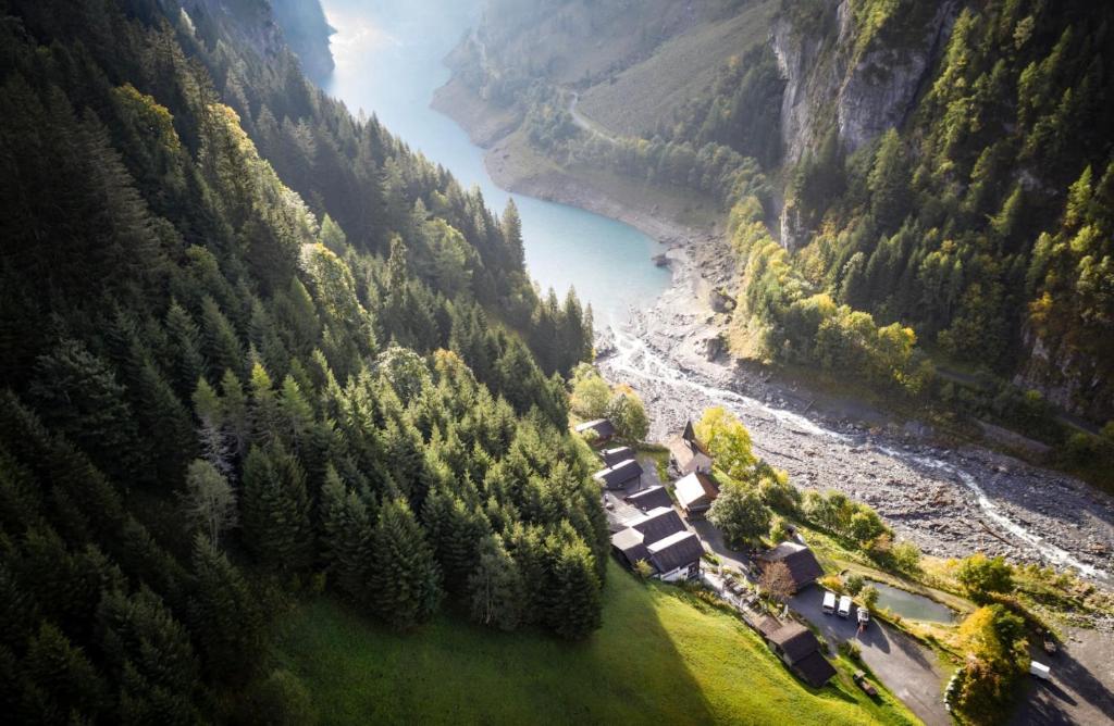 an aerial view of a river in a valley at Alphotel & Bergrestaurant Sankt Martin 