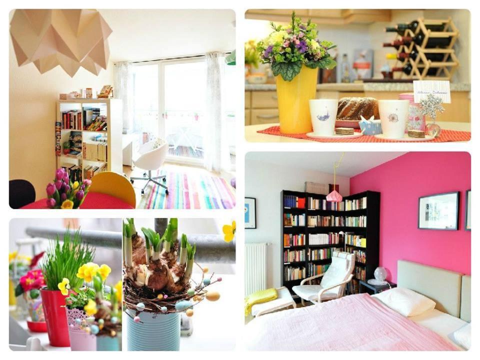 a collage of pictures of a room with flowers and a room with pink at Ihr "Wiener Zuhause" mit Balkon in Vienna